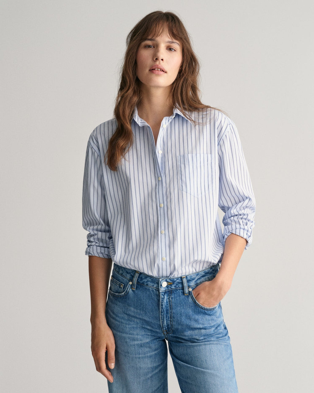 Women's Relaxed Fit Striped Poplin Shirt - COLLEGE BLUE