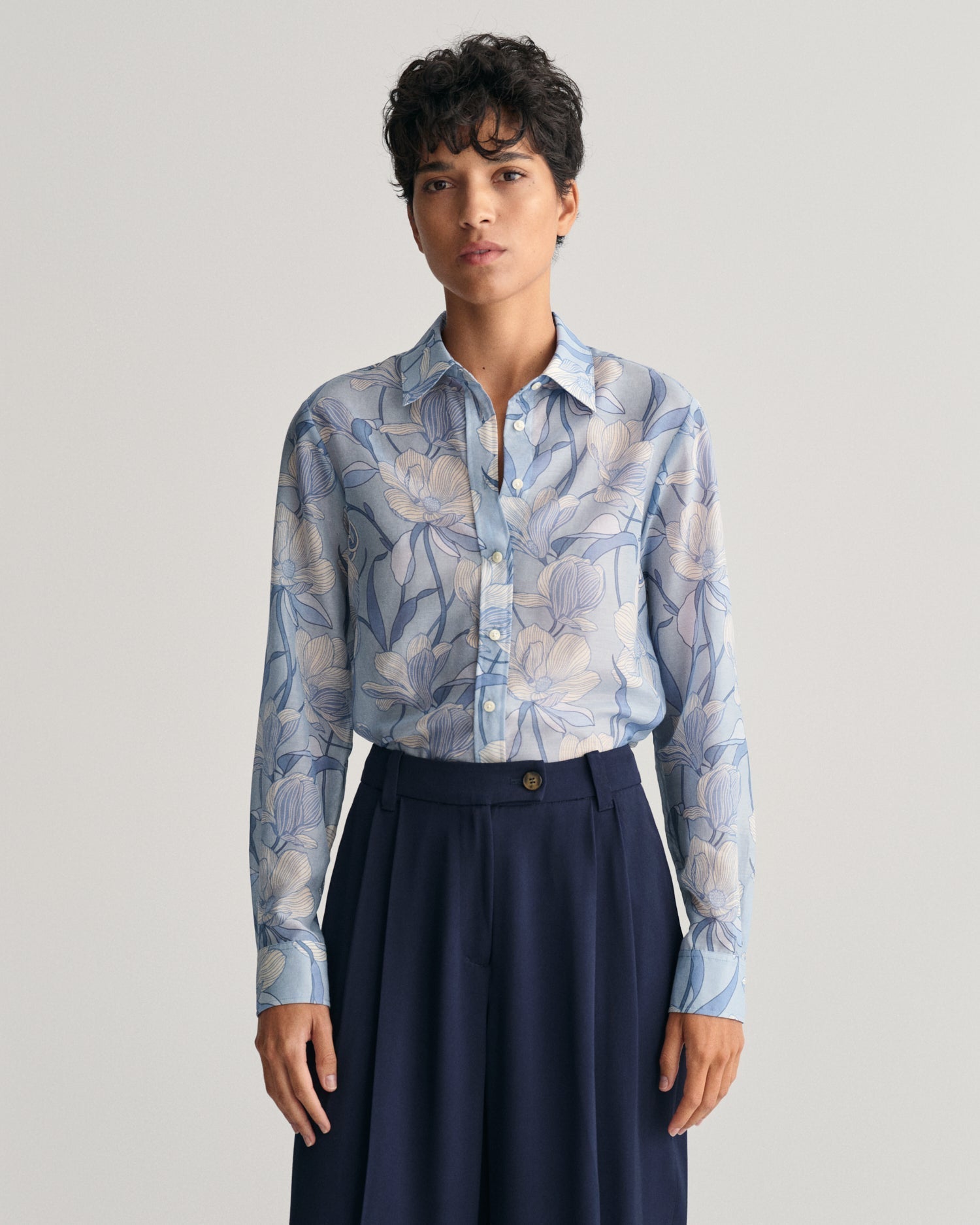 Women's Regular Fit Magnolia Print Cotton Silk Shirt - DOVE BLUE