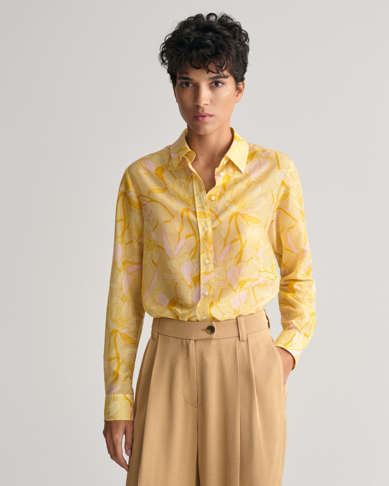 Women's Regular Fit Magnolia Print Cotton Silk Shirt - DUSTY YELLOW