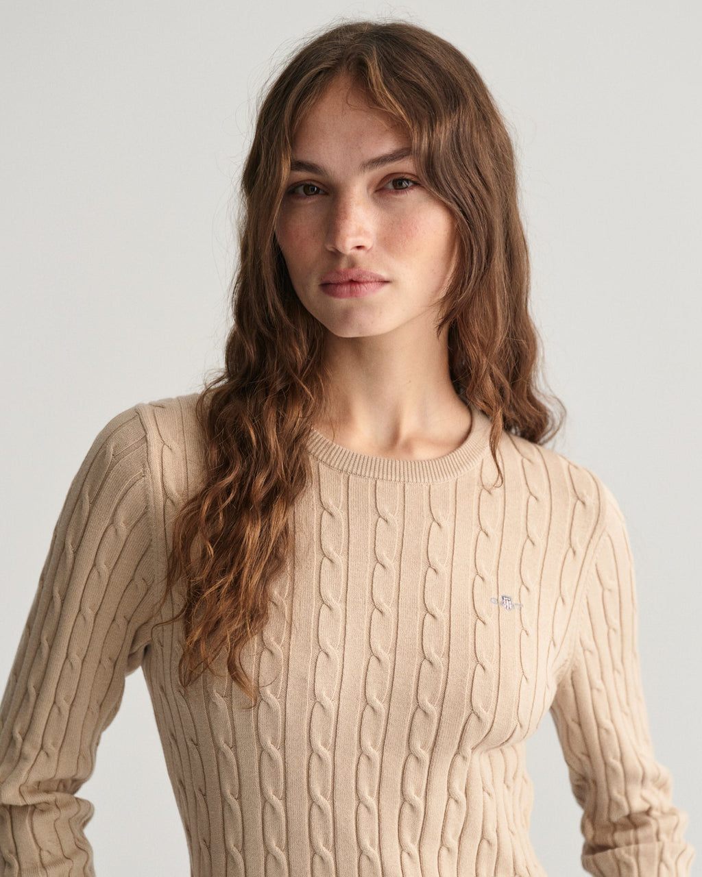 Women's Stretch Cotton Cable Knit Crew Neck Sweater - DRY SAND