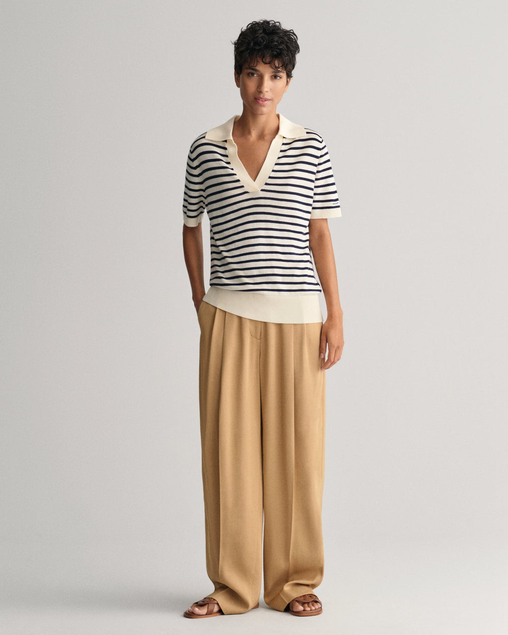 Women's Fine Knit Striped Short Sleeve Rugger - CREAM